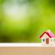 Une maison miniature au toit rouge avec en arrière-plan un fond vert
