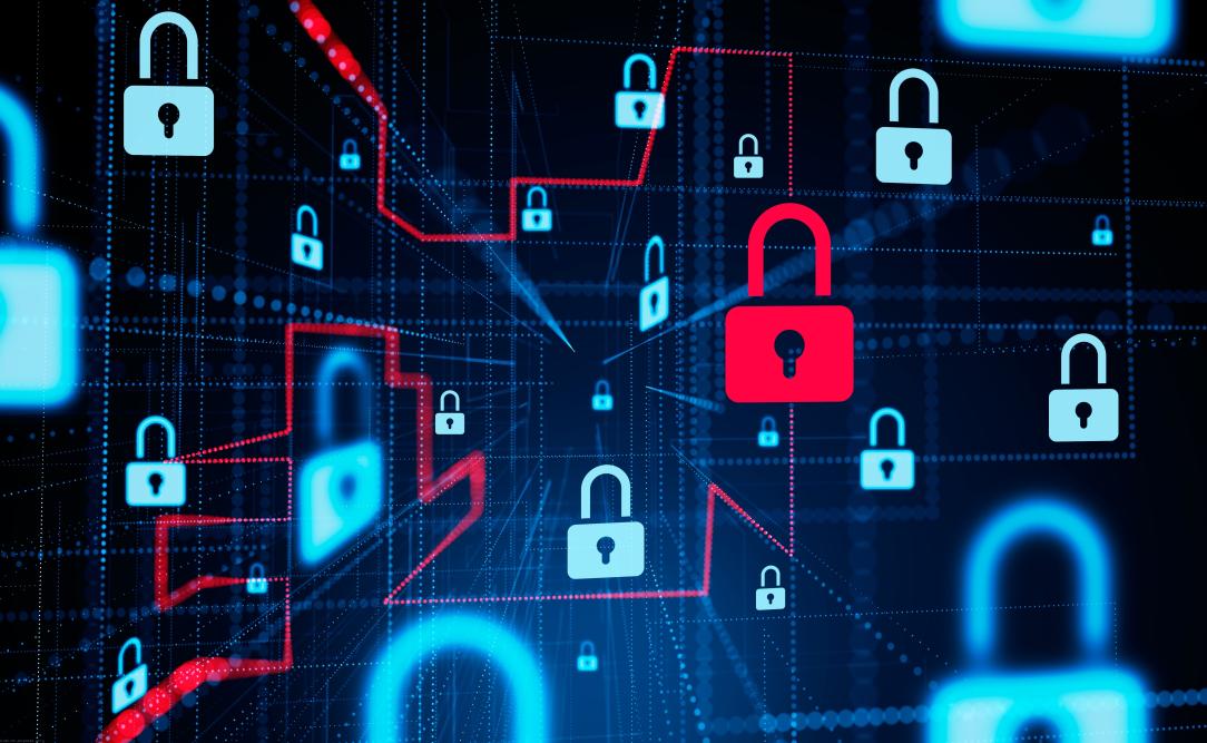 Des cadenas rouges et bleus symbolisant la cybersécurité