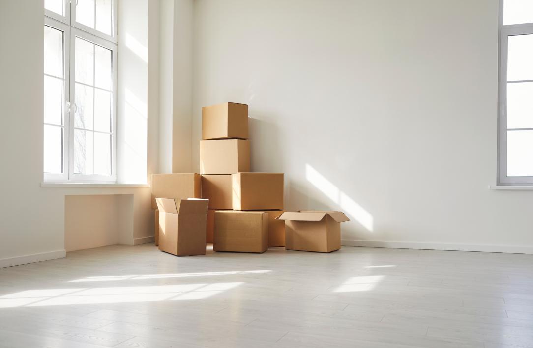 Des cartons empilés dans un logement vide